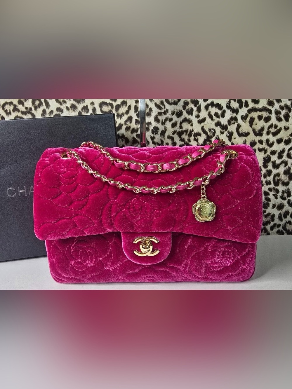 Fuchsia Velvet Quilted Shoulder Bag with Gold Chain